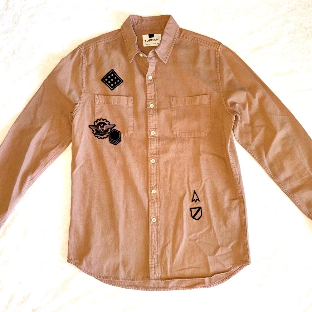 Topman Men's Medium button up Brown Long Sleeve Shirt with Aviator patches